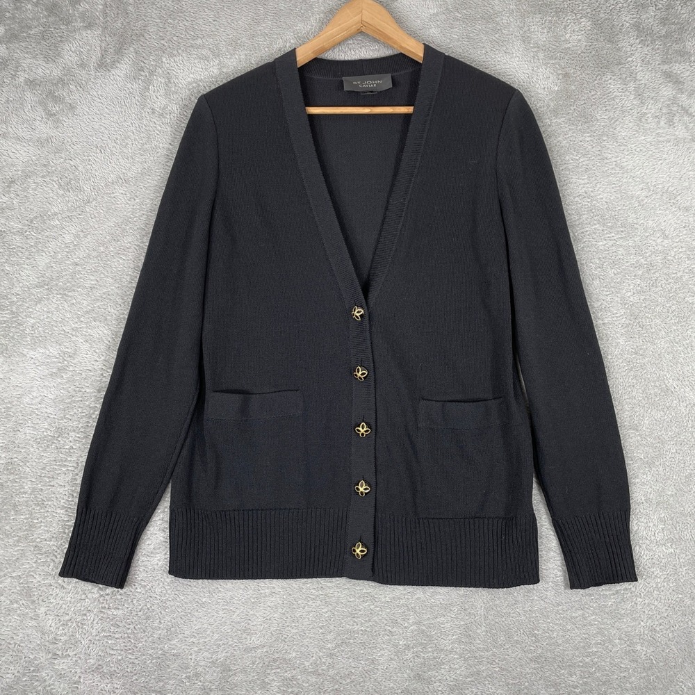 St. John Caviar Cardigan Womens Medium Black Gold Butterfly Button Knit Sweater